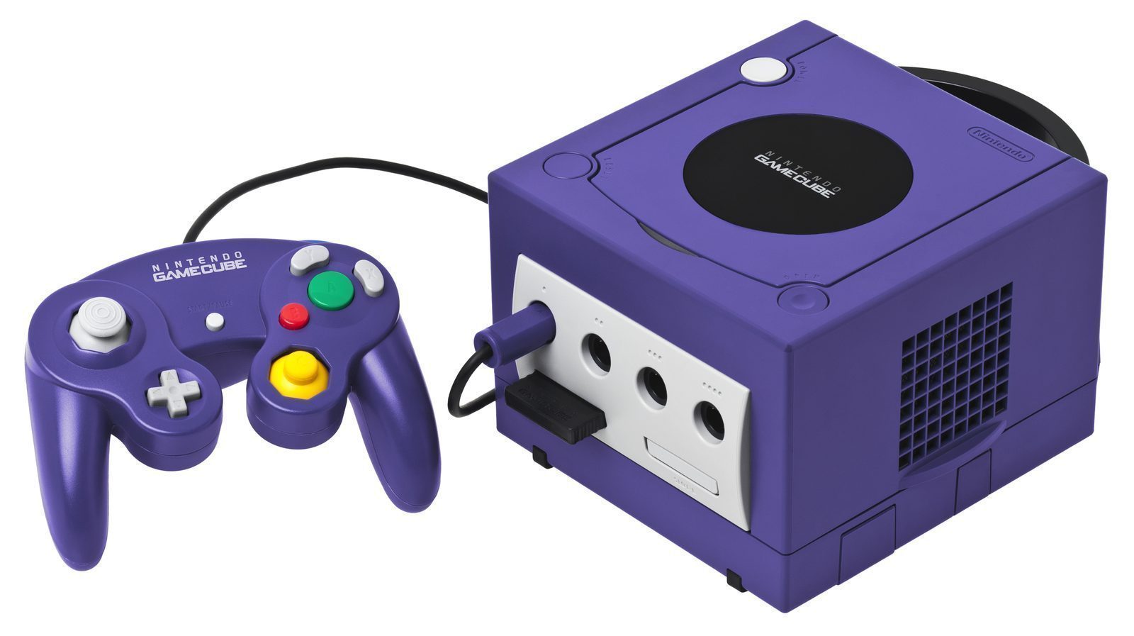 Nintendo GameCube indigo purple cube console with controller