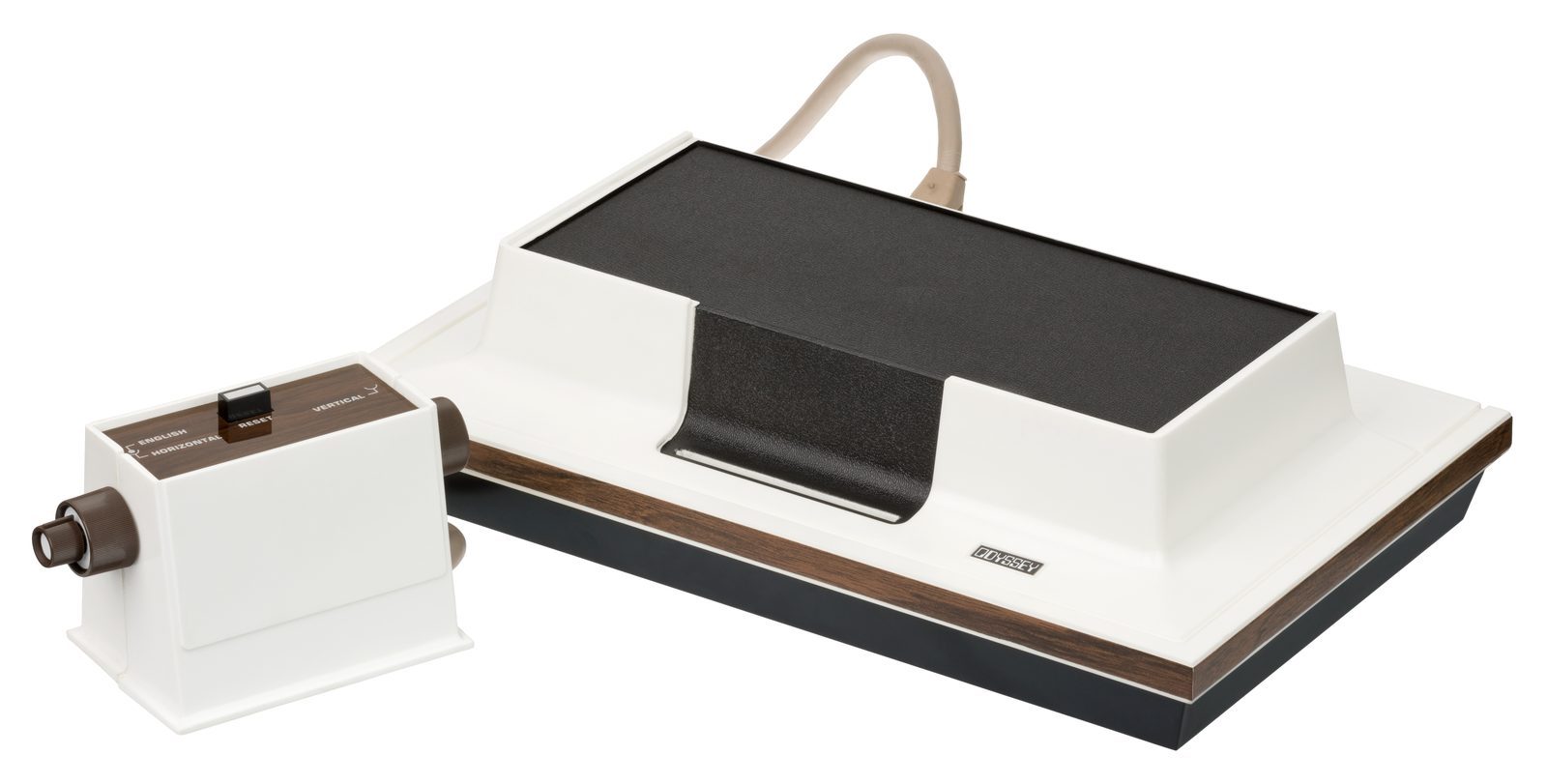 Magnavox Odyssey beige plastic console with two controllers and color overlays
