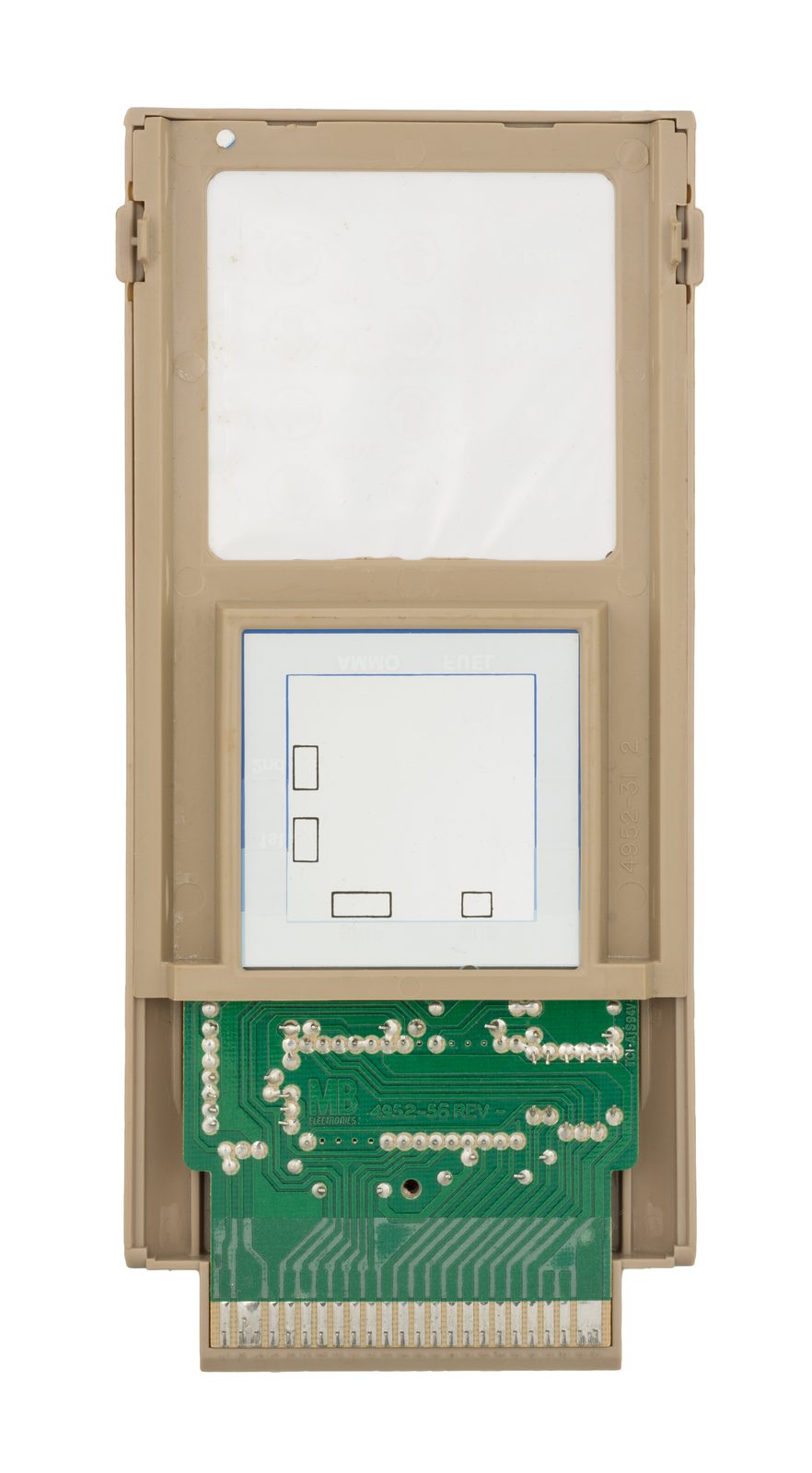 Milton Bradley Microvision cartridge (exposed, internal CPU visible)