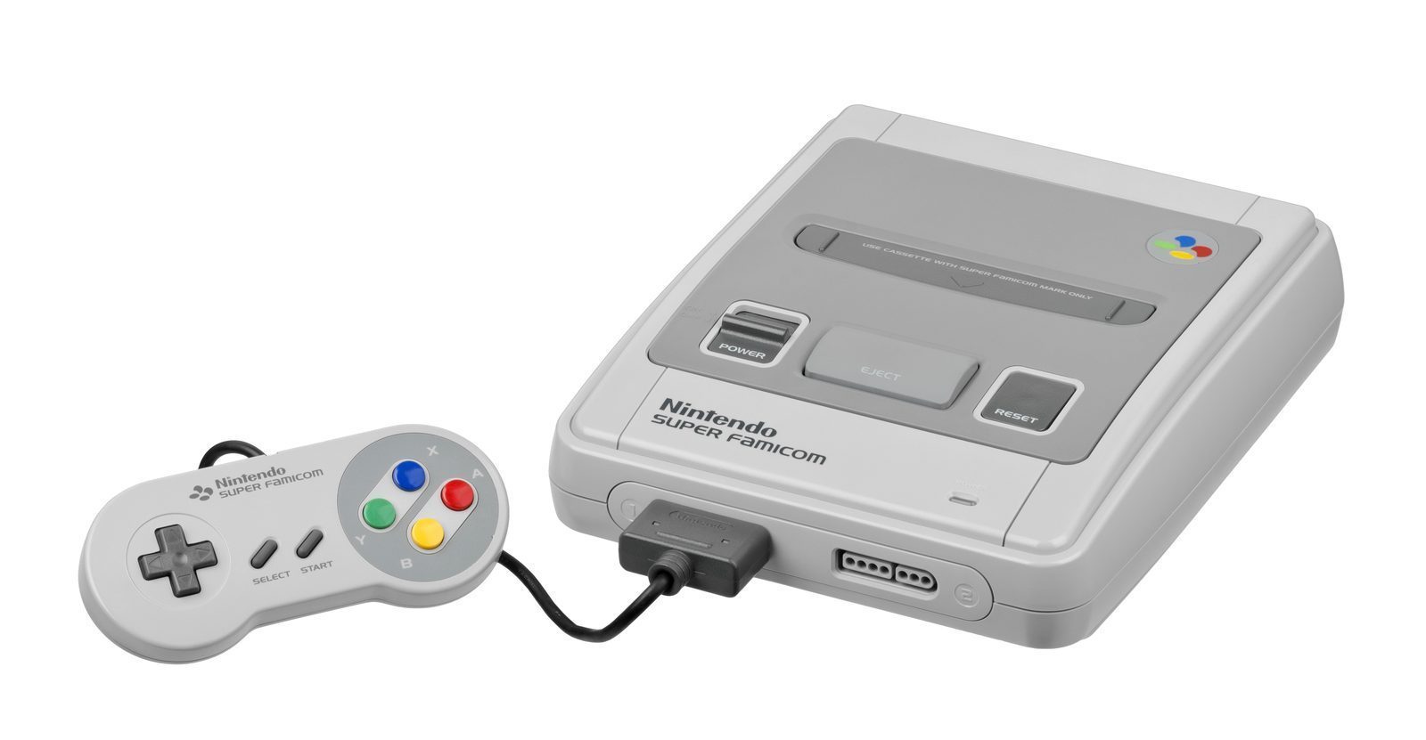 日本版 Super Famicom 主機（米白圓潤）+ 四色按鈕控制器