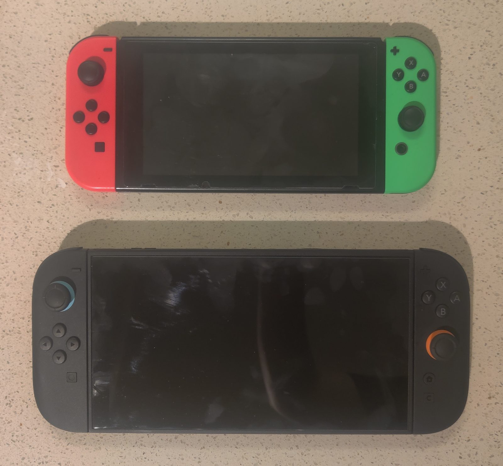 Switch 2 (left) compared side-by-side with the original Switch (right)
