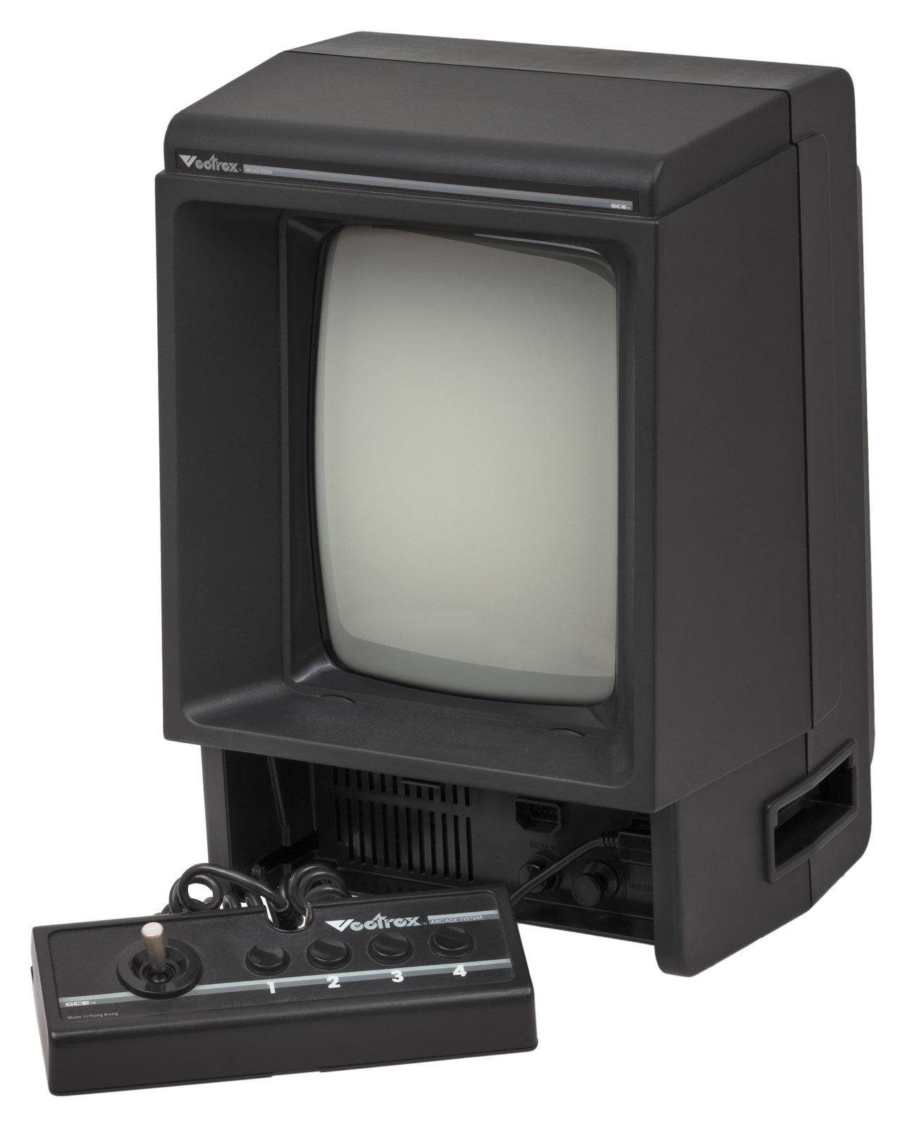 Vectrex 黑色直立主機（內建 9 吋向量 CRT 螢幕）+ 控制器