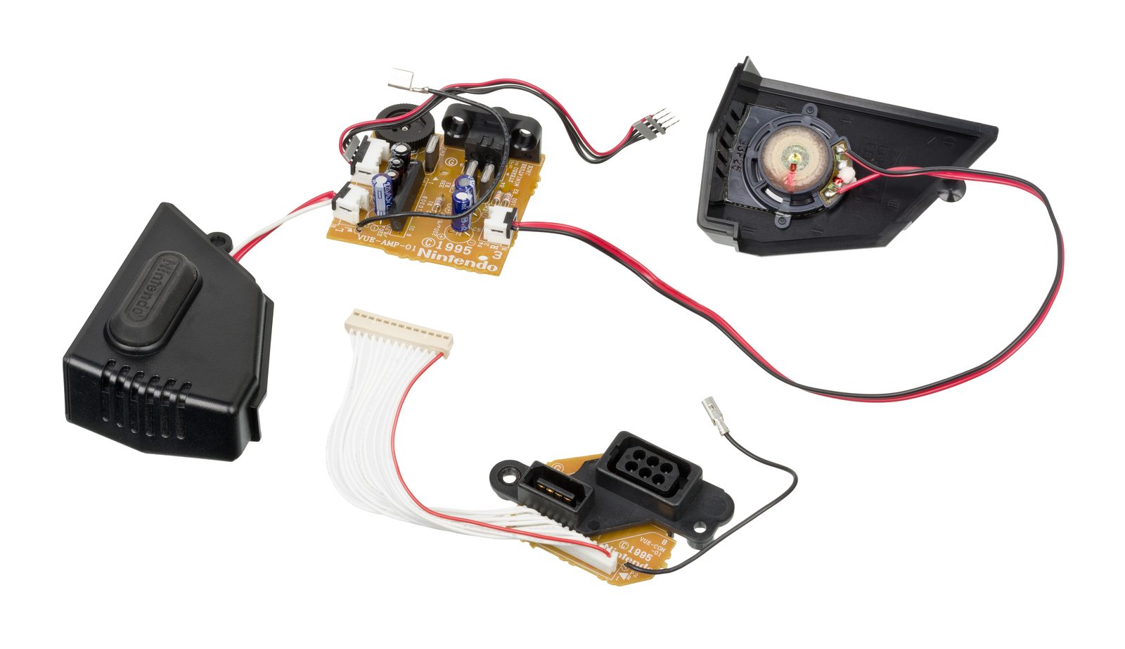 Virtual Boy 內部拆解（主機 + 雙紅色 LED 模組 + 三腳架）